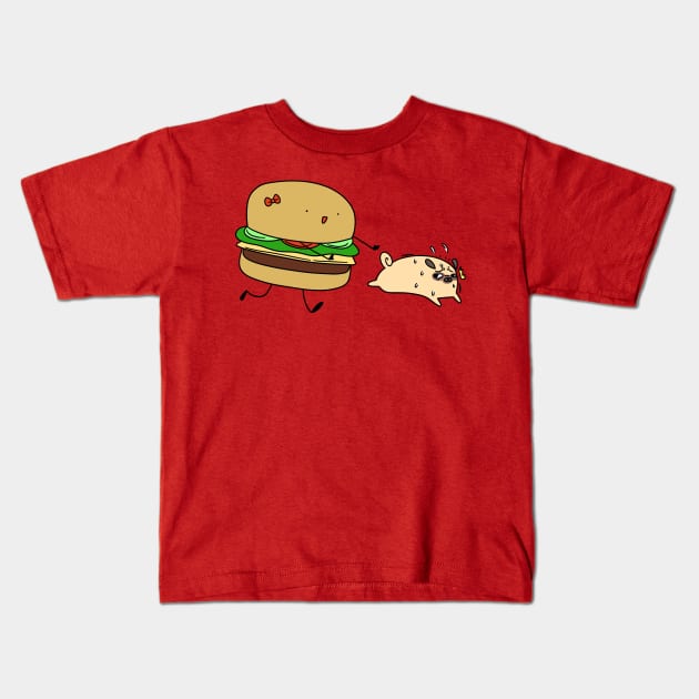 Hamburger Chasing Pug Kids T-Shirt by saradaboru